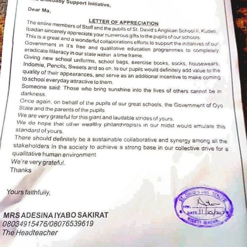 Letter of Appreciation — St. David's Anglican School II, Kudeti, Ibadan