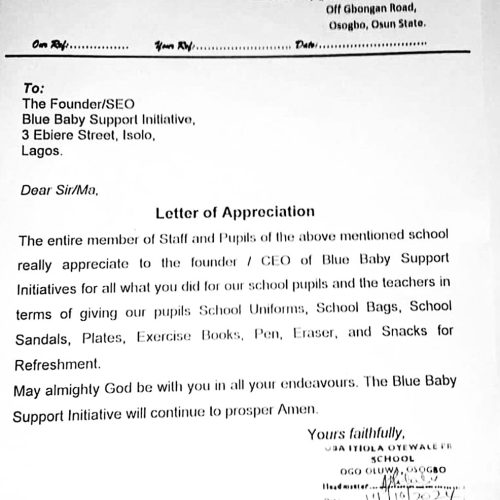 Letter of Appreciation — Oba Itiola Otewale Pry School, Ogo Oluwa, Osogbo