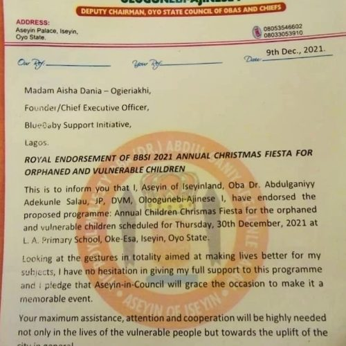 Royal Endorsement of BBSI's 2021 Annual Christmas Fiesta — Aseyin of Iseyinland, Oyo State