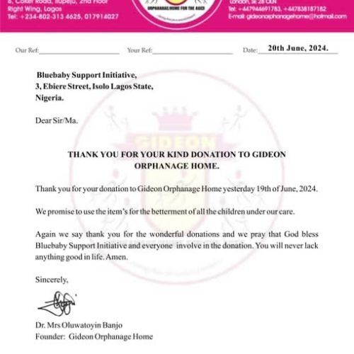 Thank You Letter — Gideon Orphanage Home