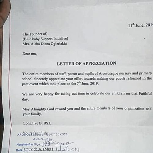 Letter of Appreciation — Arowosegbe Nursery and Primary School, Alapure-Iseyin